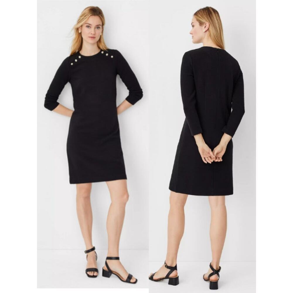 Ann Taylor 3/4 Sleeve Mini Shift Dress with Button Accent Black Women's Medium
